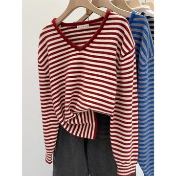 2025洋氣撞色條紋毛衣V領針織打底衫女秋冬季獨特漂亮高級感上衣