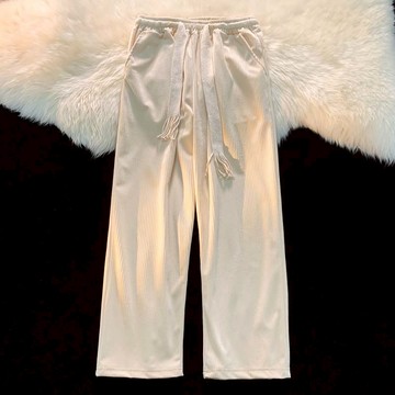 2022夏季港風ins燈芯絨直筒褲男士寬松休閑潮流抽繩純色闊腿褲子