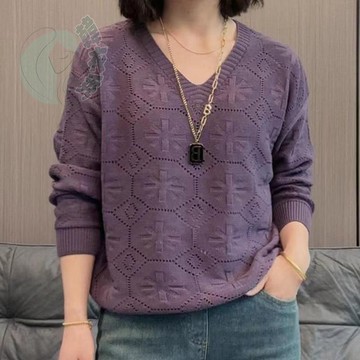 韓版女士休閒純色毛衣針織衫鏤空V領百搭時尚寬鬆打底T恤