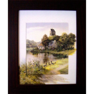 開運陶源 【湖畔花屋 】安逸樂活 風景畫 山水圖 掛畫  38x32cm