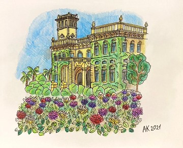 艾爾巴別墅水彩畫，繡球花，科莫湖，義大利藝術品