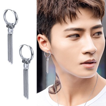 鈦鋼鏈條流蘇耳環男士潮流個性男款耳釘韓國吊墜無耳洞耳夾配飾潮