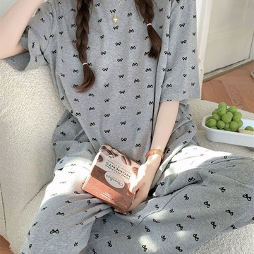 睡衣女韓版新款蝴蝶結印花可外穿短袖長褲夏季甜美休閒家居服套裝 睡衣套裝 短袖長褲睡衣 韓版睡衣 居家服 兩件套睡衣