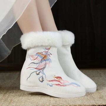 漢服靴子女冬季加絨棉靴中式古風雪地靴內增高繡花鞋古裝高跟布靴