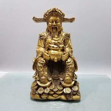 黃銅財神爺招財進寶客廳辦公室裝飾品純銅聚寶盆元寶財神爺擺件