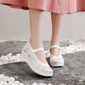 老北京布鞋女古裝漢服鞋古風高跟中國風舞蹈厚底坡跟內增高繡花鞋