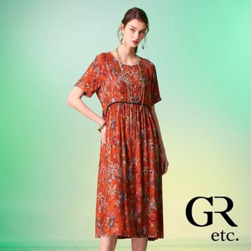 【GLORY21】網路獨賣款-etc.優雅彩漾印花細摺圓領洋裝/連身裙-紅橘