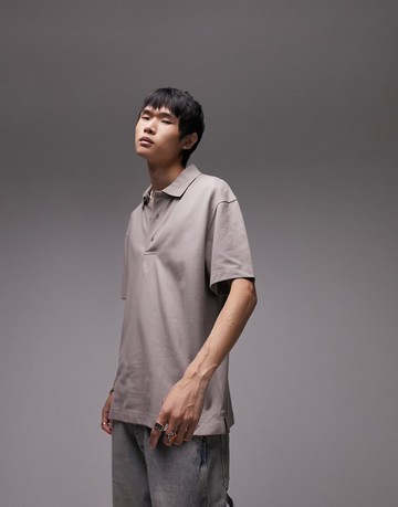 Topman oversized pique polo in stone-Neutral