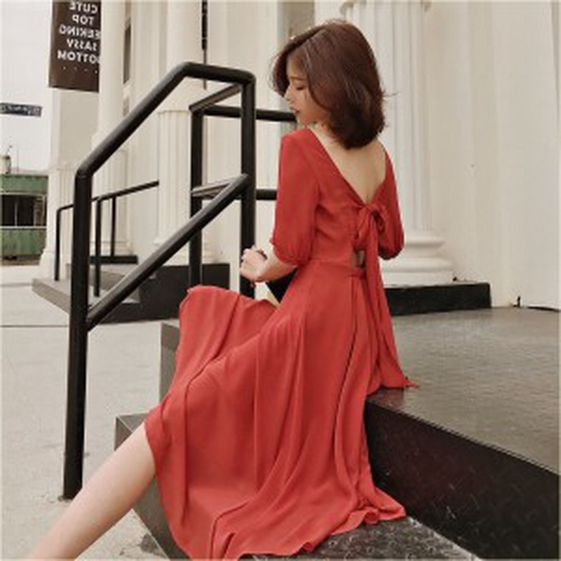 ワンピース 韓国 膝下丈 パフスリーブ リゾート 半袖 背中開き リボン フレア シフォン 裏地つき フェミニン デート 夏 U68 通販 Lineポイント最大1 0 Get Lineショッピング