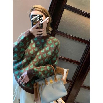 歐貨高檔2025新款設計感小眾時尚氣質寬松外穿洋氣浣熊絨綠色毛衣