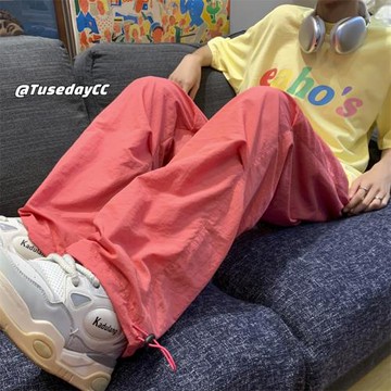 多巴胺穿搭防曬褲子男夏季薄款美式潮牌速干沖鋒褲闊腿工裝傘兵褲