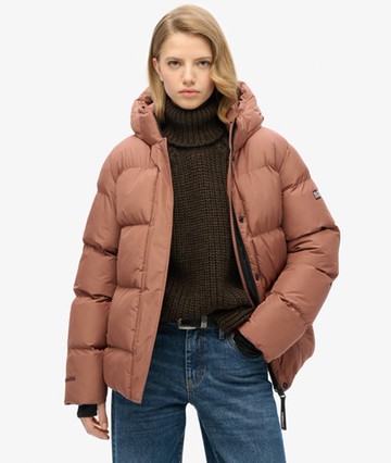 Superdry Women's Hooded Mid Length Sports Puffer Jacket Brown Size: 6