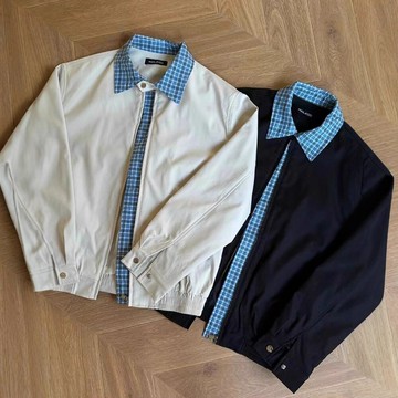 miu系假兩件哈靈頓夾克男款秋季格子拼接翻領外套學院老錢風上衣鑫弘-錦衣華服