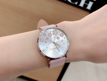 COACH36mm花卉圓形精鋼錶殼白色錶盤真皮皮革粉紅錶帶