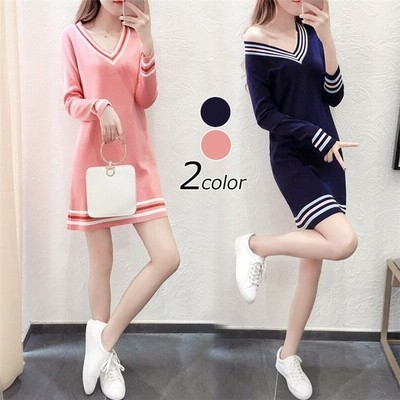 レディースニットワンピース秋冬厚手ロング丈配色きれいめvネックメリヤスセーターボーダー長袖ニットワンピース上品 通販 Lineポイント最大get Lineショッピング