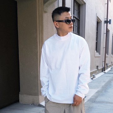 【AMERO】男女款 半高領長袖薄T 袖口螺紋 前短後長開衩