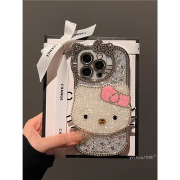 適用蘋果16ProMax手機殼秋冬新款iPhone15pro閃片滿鉆kt貓14pm個性可愛少女心13電鍍硅膠12小眾創意11保護套