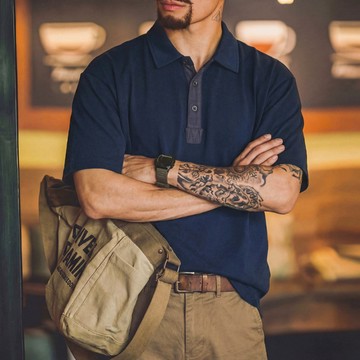 Wuluwear 美式復古polo衫短袖男夏季新款寬鬆透氣藏青色上衣商務通勤體恤潮