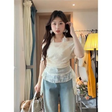 大碼胖mm甜美純欲V領蕾絲拼接掛脖短袖T恤女夏季設計感一字肩上衣