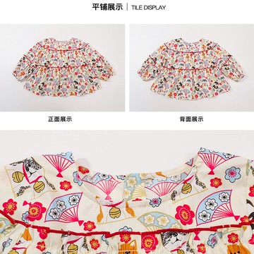 2022年春季新款裙衫中小童棉布裙衫扇形木耳邊長袖花貓邊邊裙衫