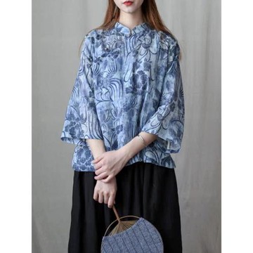 25復古棉麻女裝蠟染印花盤扣文藝襯衫七分袖中式漢服立領茶服上衣