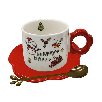 CW 可營生活選物 聖誕花花造型馬克杯與盤組 280ml 雪人  1個