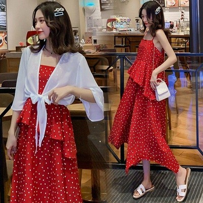 マキシワンピース レディース 夏 40代 きれいめ 上品 カジュアル ドット柄 ワンピース2点セット 半袖 ロング丈 ロングワンピース+カーディセット 妊婦でもOK