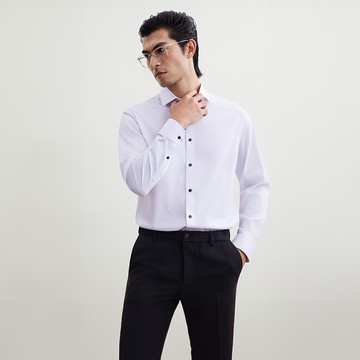 免熨防皺光滑彈性緹花斜紋長袖上班襯衫/白色 | 5612359200