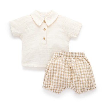 澳洲Purebaby有機棉嬰童短上衣褲套裝6M-2T 棕色格子