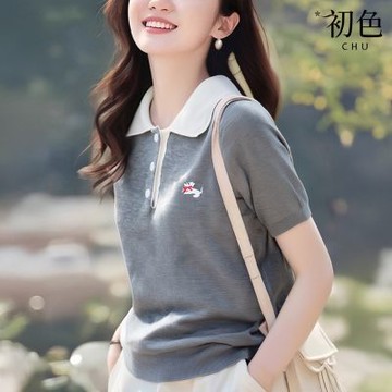 初色 撞色拼接POLO領短袖迷你小狗刺繡簡約POLO衫T恤上衣女上衣-灰色-14852(F可選)