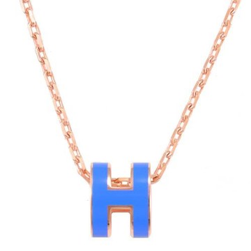 HERMES MINI POPH 經典橢圓H造型項鍊.玫瑰金/藍