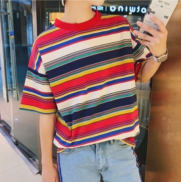 FINDSENSE MD 韓國 時尚潮 男 休閒寬鬆 七彩條紋 短袖T恤 特色短T 條紋T