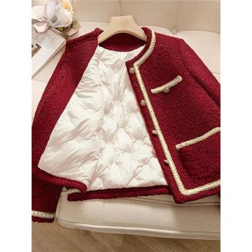 大碼女春季氣質高級感胖mm小個子正肩紅色毛呢夾棉加厚小香風外套