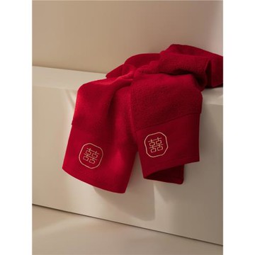A類母嬰級純棉大紅喜字毛巾1對結婚陪嫁禮盒回禮伴手禮西夢家紡