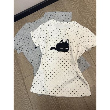 韓系復古白色波點可愛小貓正肩短袖t恤女夏季修身學院風辣妹上衣