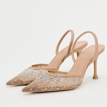 ZA2024春季新品女鞋亮光網眼時尚氣質露跟穆勒鞋高跟鞋水鉆涼鞋子