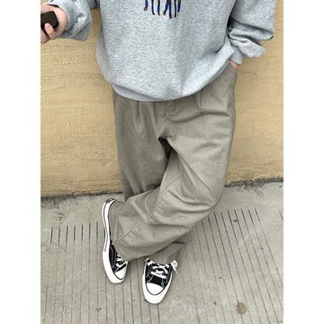 純棉休閑長褲男生春秋款日系卡其色寬松直筒垂感男款秋天褲子男