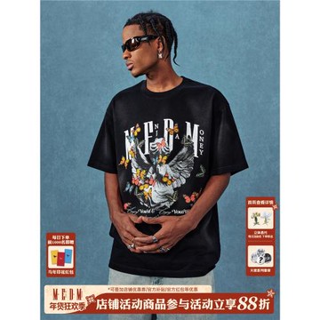 (免運)MEDM 天使蝴蝶水洗短袖休閑圓領T恤男女夏季美式嘻哈潮牌體恤tee