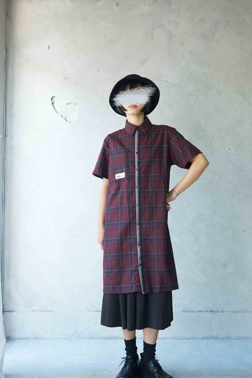 手作-復古英倫紅格紋法蘭絨個性雙色門襟襯衫洋裝