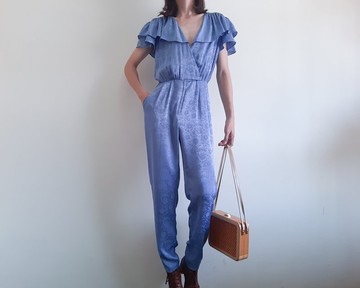 復古 JUDY CALIFORNIA 紫色花卉荷葉邊領連身褲 70 年代連身褲