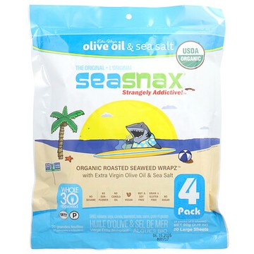 SeaSnax, 有機烤海藻卷™，橄欖油和海鹽，20 大片，2.16 盎司（60 克）