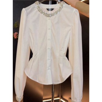 法式氣質鑲鉆圓領長袖襯衫女2025秋季新款寬松顯瘦小眾設計感上衣