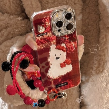 台灣出貨❤紅格紋西高地適用16promax手機殼蘋果iphone16立體卡通13掛鏈14硬