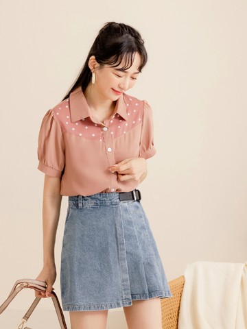 涼感．舒涼雪紡假兩件印花拋袖上衣