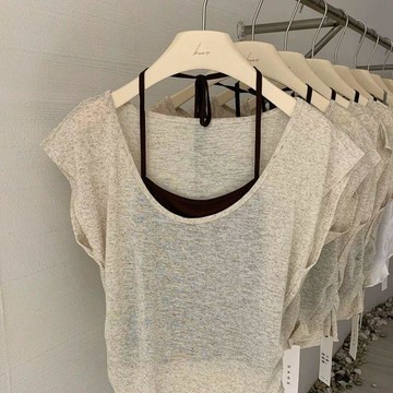 臺灣出貨氣質大U領短袖T恤女掛脖吊帶背心修身顯瘦收腰通勤輕薄上衣兩件套0615