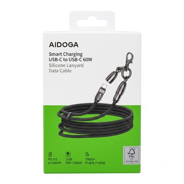 AIDOGA 艾迪伽 子彈系列 雙Type-C/PD充電線傳輸線快充線閃充線 手機掛繩  1.2m  岩黑色  1條