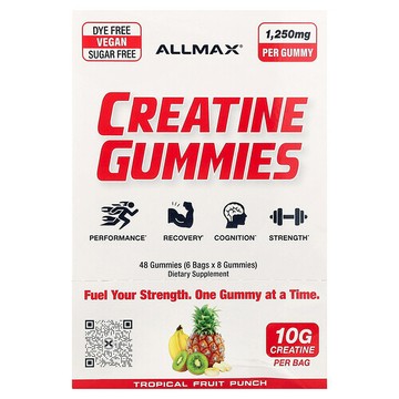 ALLMAX, Creatine Gummies, Tropical Fruit Punch, 1,250 mg, 6 Bags, 8 Gummies Each