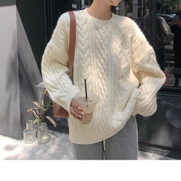 [米蘭精品] 針織衫長袖毛衣-高級感麻花寬鬆女上衣2色74ik48