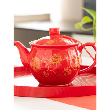 結婚茶壺紅色喜慶陶瓷茶壺婚禮家用泡茶壺功夫茶具單壺新人敬茶壺