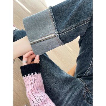撞色卷邊直筒牛仔褲女春秋季新款高腰顯瘦九分小個子法棍煙管褲子